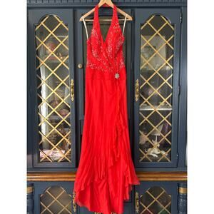 Tiffany Designs Silk red halter beaded mermaid ruffle hem dress size 8